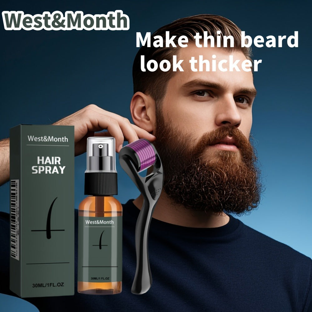 Beard Growth Spray Kit for Men 30ml Ginseng Ginger Extract Beard Moisturizer with 0.25mm Microneedle Derma Roller for Fuller 