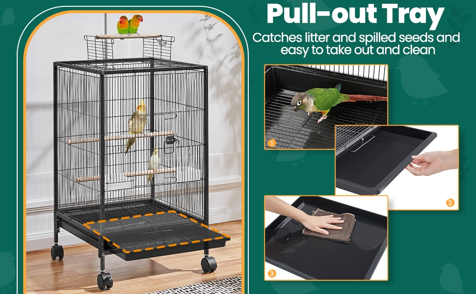 Bird Cage with Rolling Stand Open Top 31 Inch Wrought Iron Black – Slide Out Tray Feeder Doors, for Everyday Bird and Small A