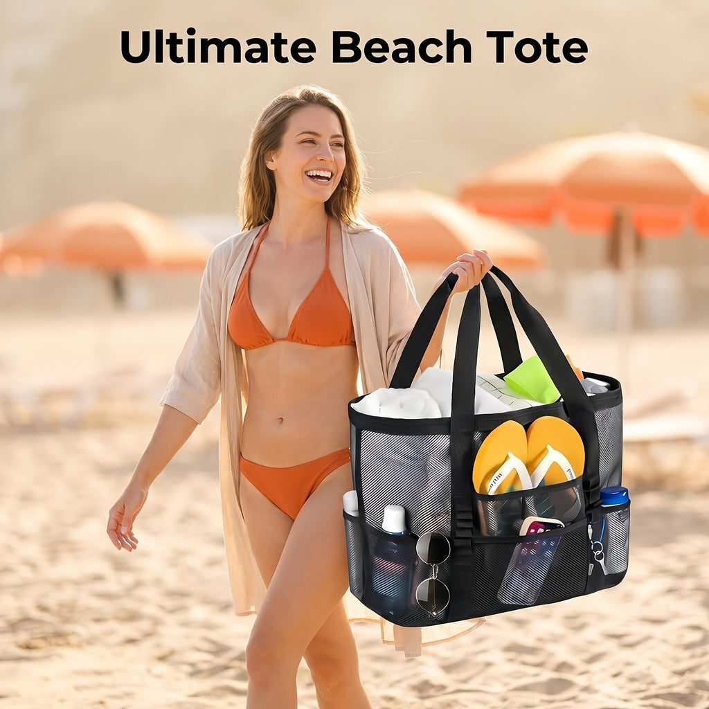 Four-Color Mesh Beach Tote Bag with Open Top, Twin Handles and Multiple Exterior Storage Pockets — image 4