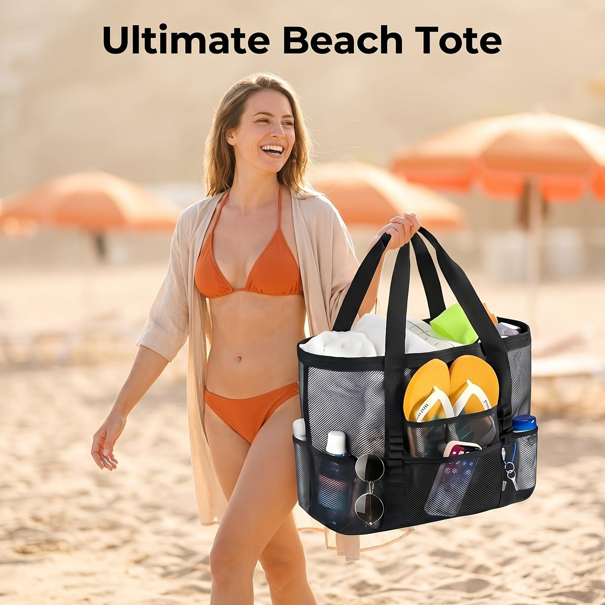 Four-Color Mesh Beach Tote Bag with Open Top, Twin Handles and Multiple Exterior Storage Pockets — image 4