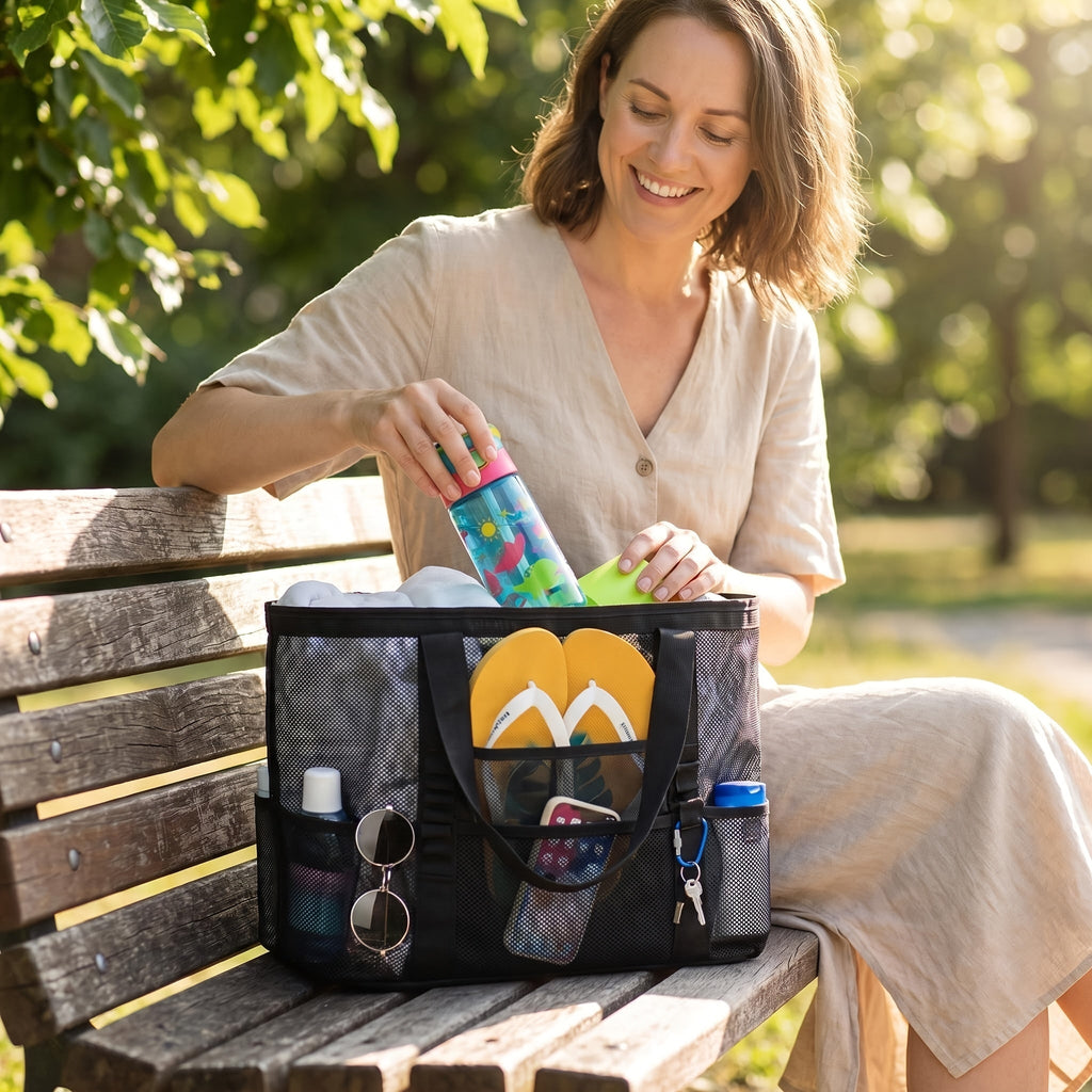 Four-Color Mesh Beach Tote Bag with Open Top, Twin Handles and Multiple Exterior Storage Pockets — image 5