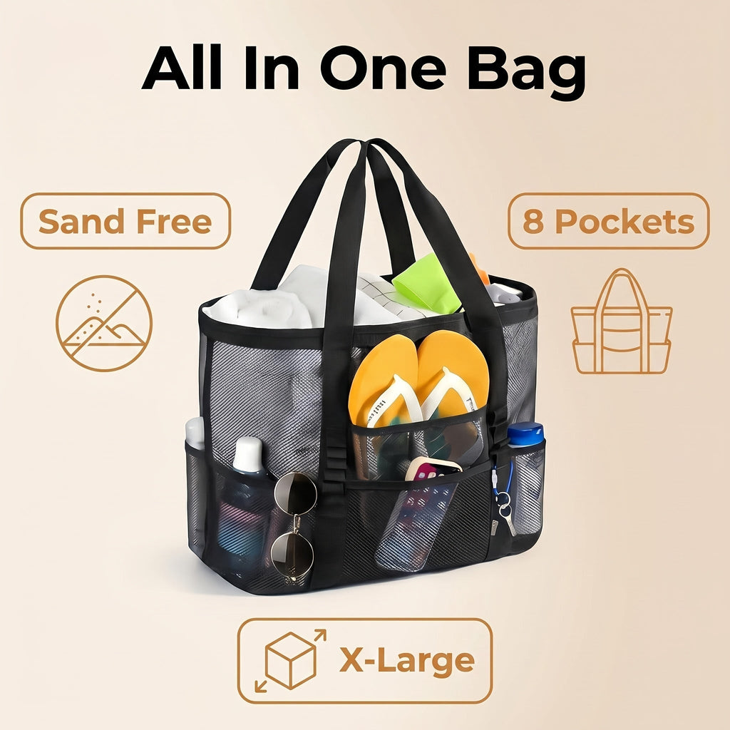 Four-Color Mesh Beach Tote Bag with Open Top, Twin Handles and Multiple Exterior Storage Pockets — image 7