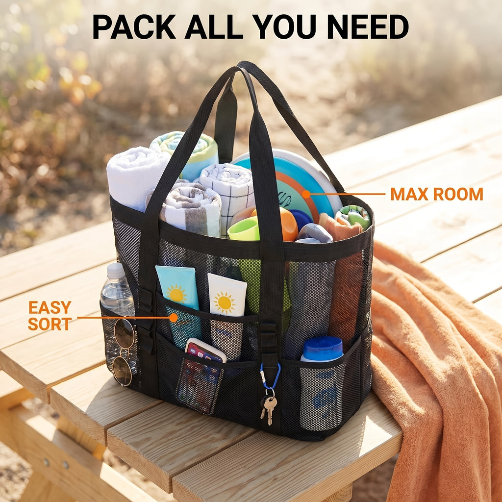 Four-Color Mesh Beach Tote Bag with Open Top, Twin Handles and Multiple Exterior Storage Pockets — image 10