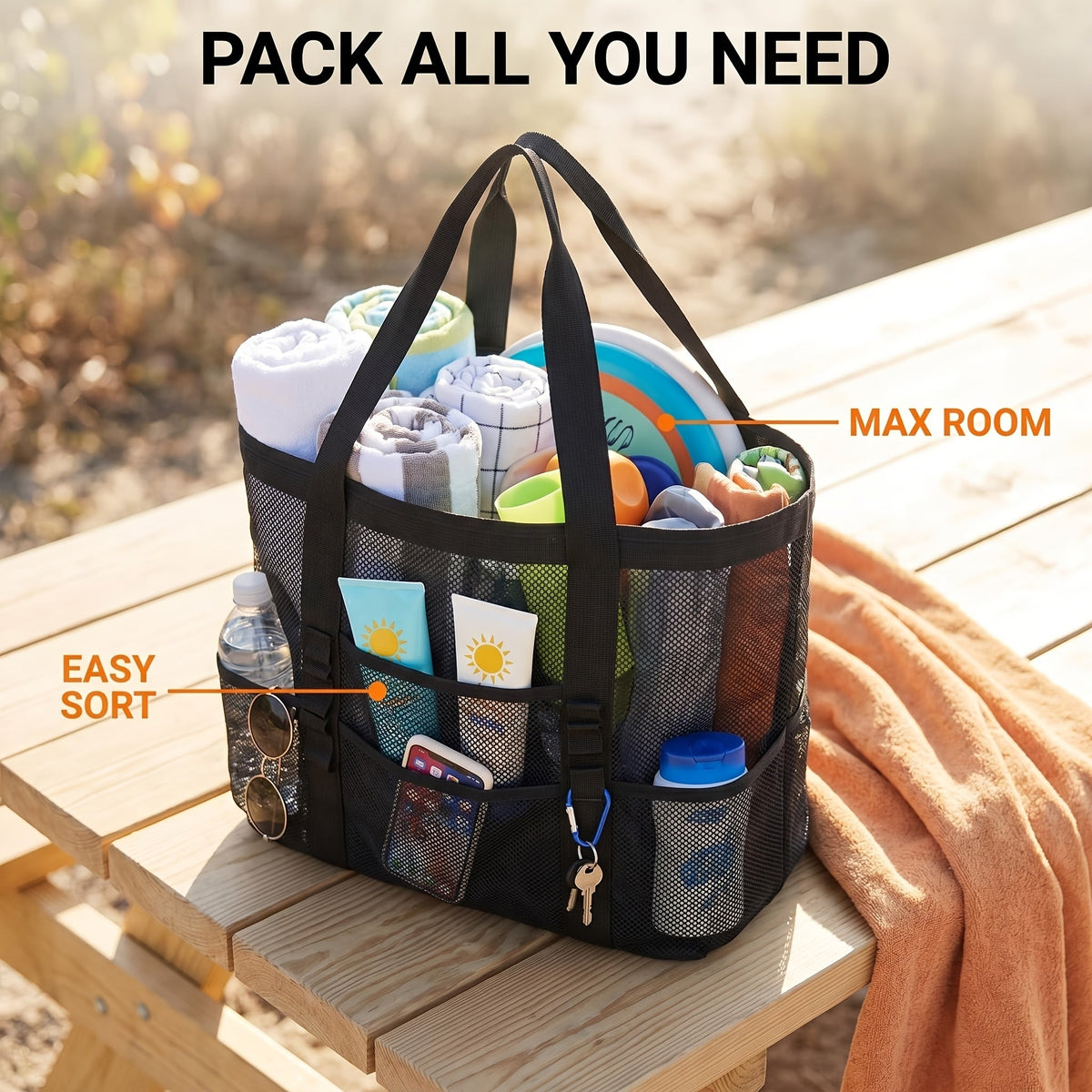 Four-Color Mesh Beach Tote Bag with Open Top, Twin Handles and Multiple Exterior Storage Pockets — image 10