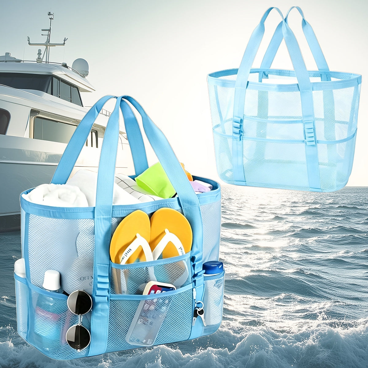 Four-Color Mesh Beach Tote Bag with Open Top, Twin Handles and Multiple Exterior Storage Pockets — image 12