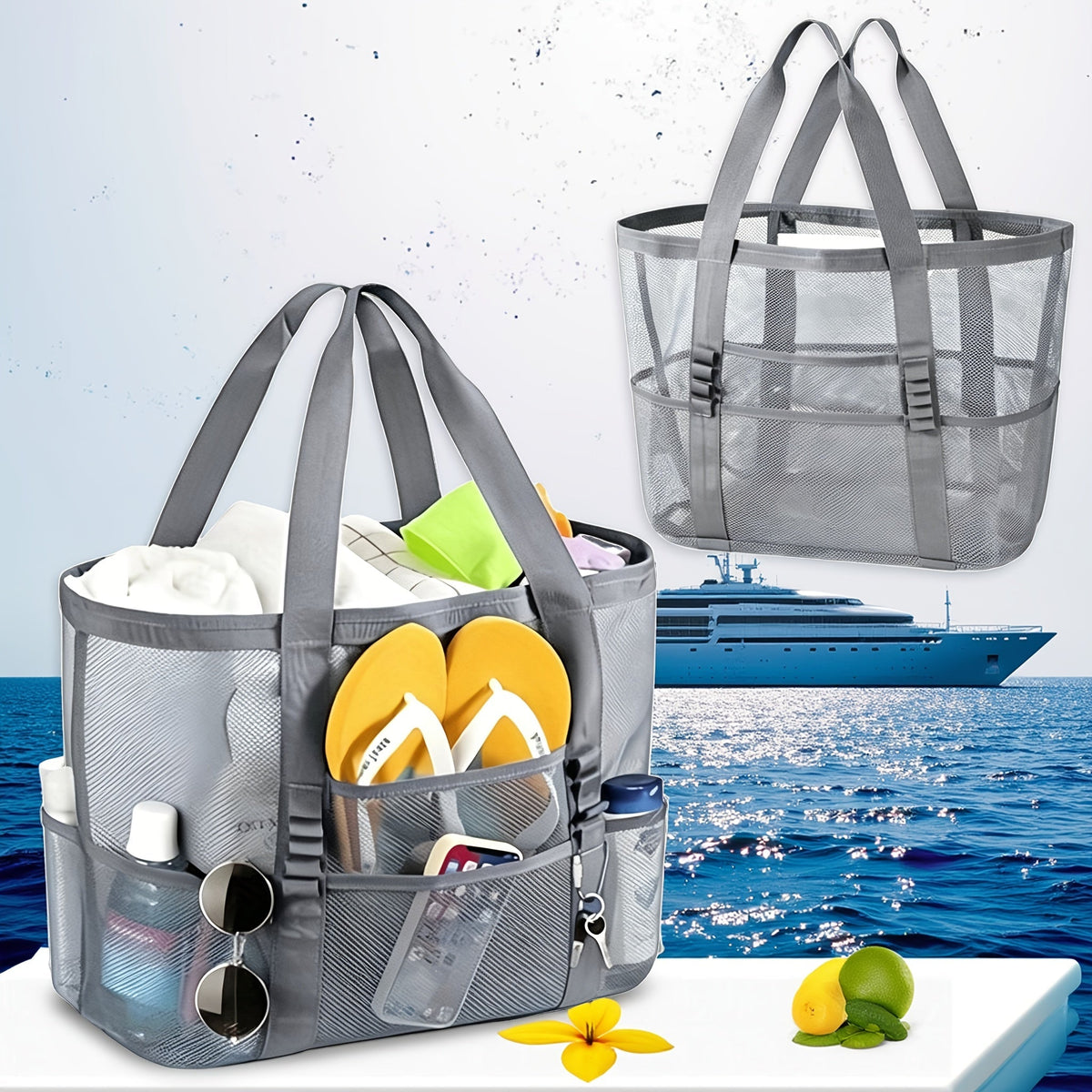 Four-Color Mesh Beach Tote Bag with Open Top, Twin Handles and Multiple Exterior Storage Pockets — image 13