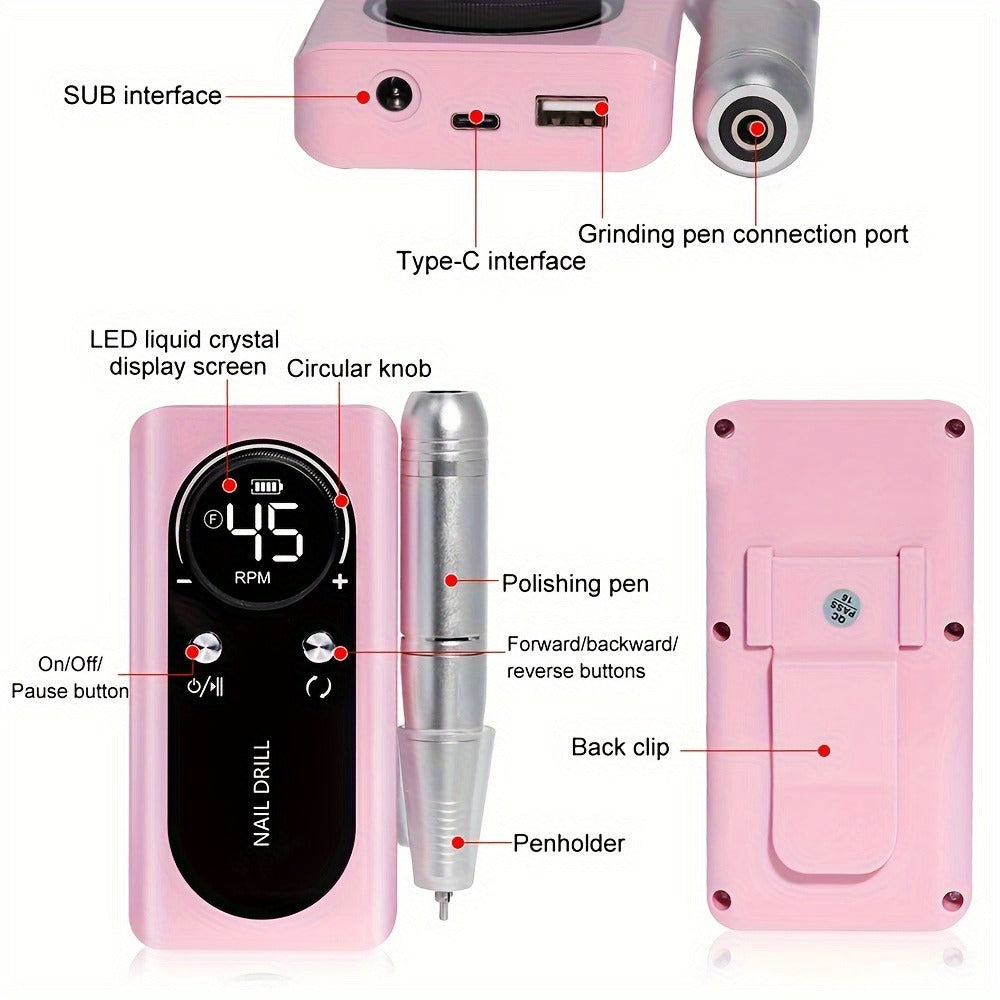 Electric Nail Drill 45000 RPM Cordless Kit with Power Display, Adjustable Speed and Three Colors — image 9