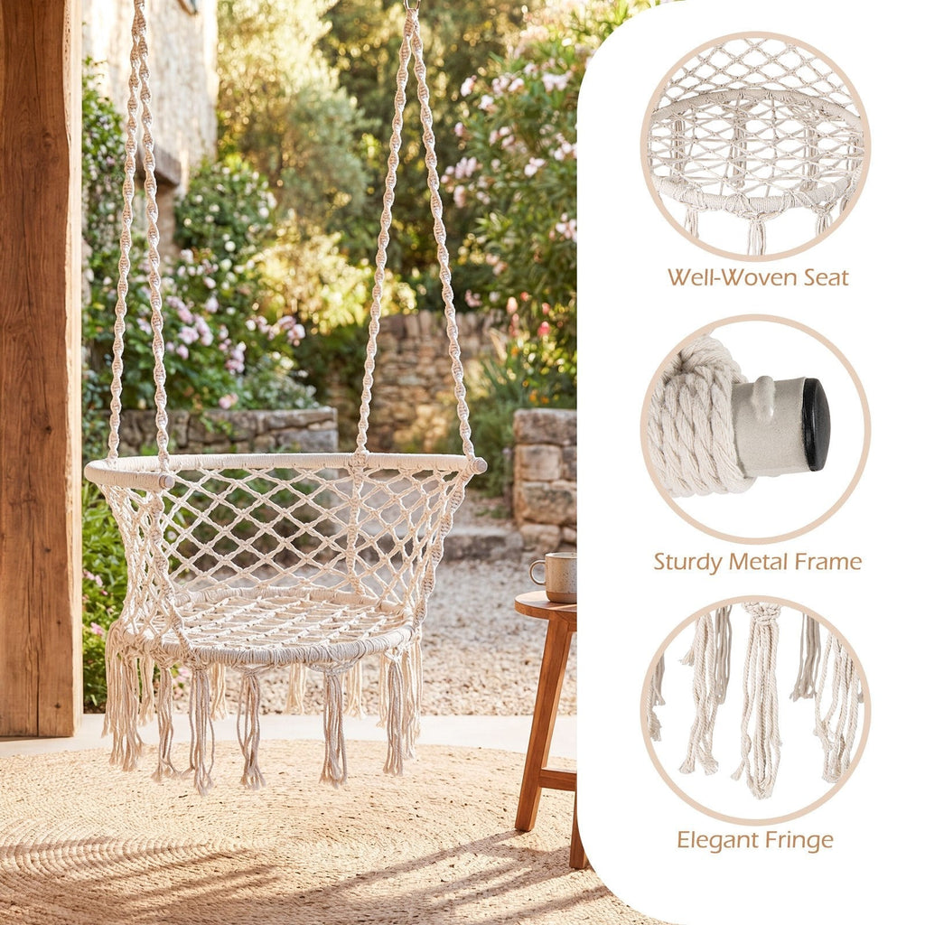 Beige Macrame Hammock Chair with Cotton Rope, Metal Frame and 31.5 x 26-Inch Hanging Seat Design — image 3