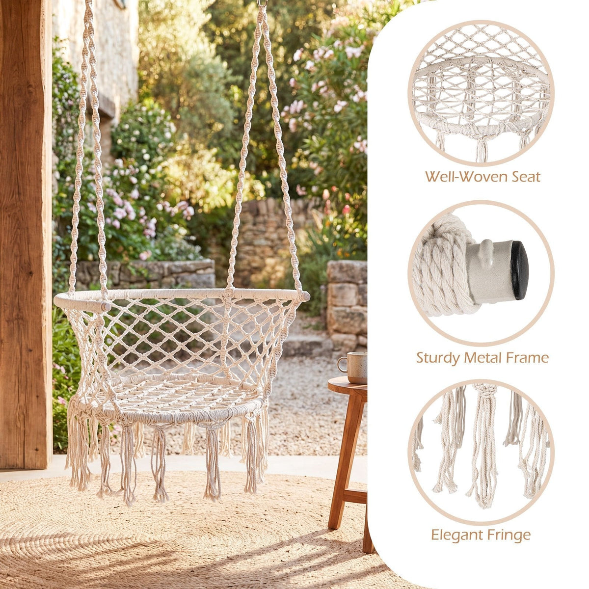 Beige Macrame Hammock Chair with Cotton Rope, Metal Frame and 31.5 x 26-Inch Hanging Seat Design — image 3