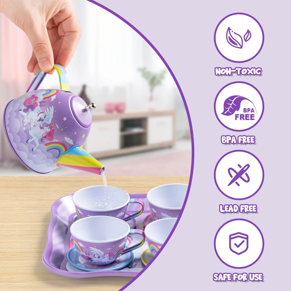 Purple Unicorn Tin Tea Set in Carry Case with Teapot, Four Cups, Four Saucers and Five Plates — image 3