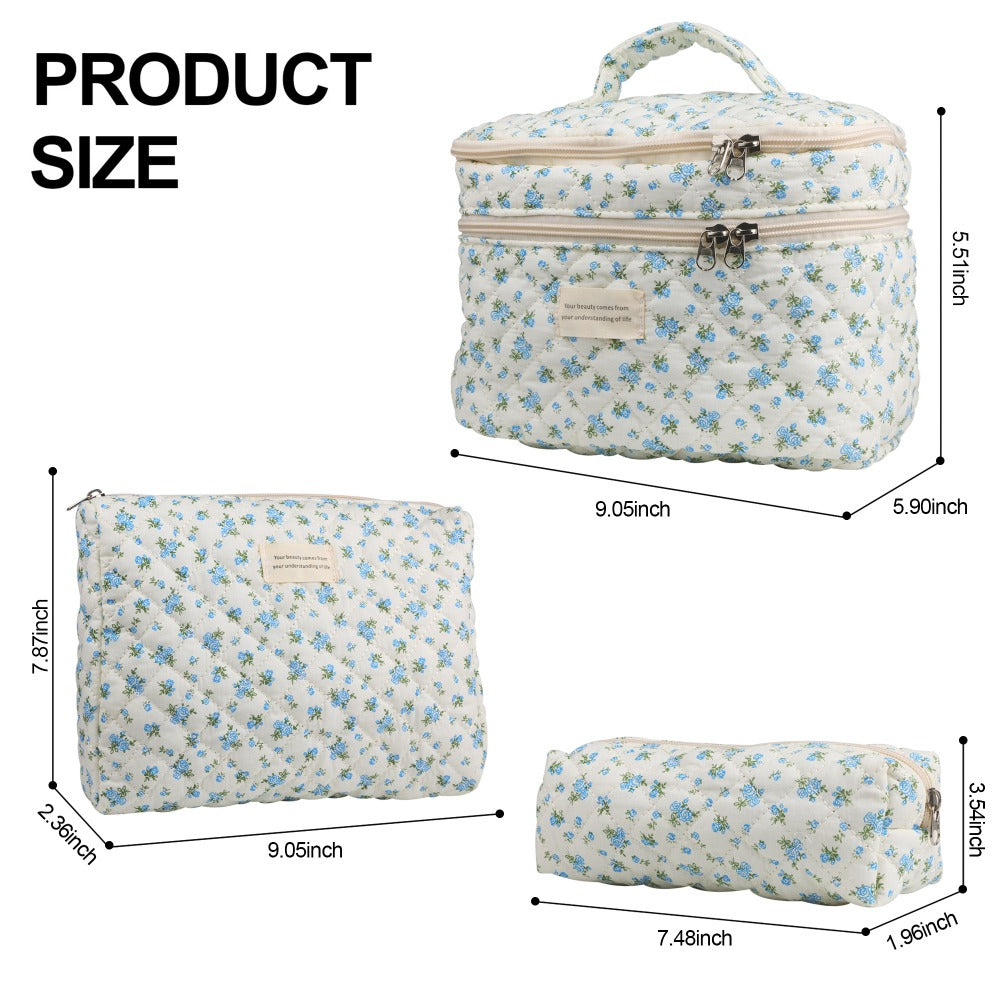 Quilted Floral Makeup Bag Set 3PCS Large Capacity Dual Layer Cotton Cosmetic Bags Coquette Aesthetic Travel Toiletry Organize