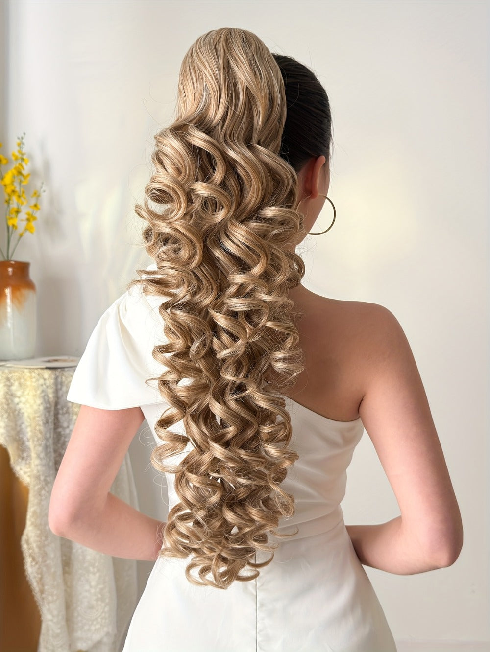 Curly Ponytail Extension 28 Inch Long Heat Resistant Synthetic Clip In Wrap Around Hairpiece Voluminous Bouncy Curls 4 Styles