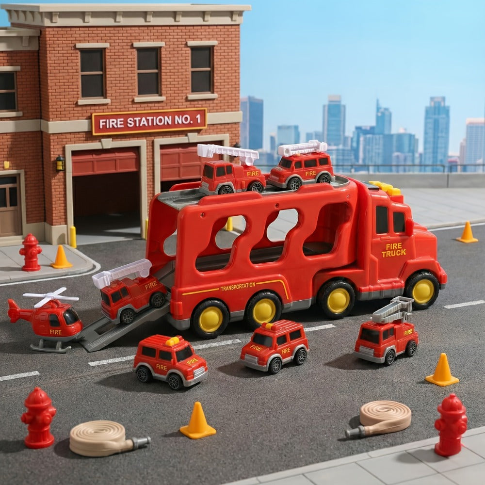 7-in-1 Kids Car Toy Set 7pcs with Playmat, Large Vehicle + 6 Mini Cars Ambulance Police Fire Truck Engineering — image 14