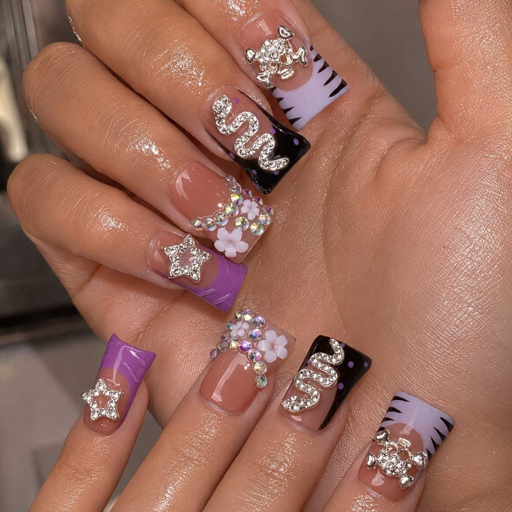 Press On Nails 10-Piece Handmade Short Duckbill Leopard Skull Rhinestone Acrylic Set with Tools — image 2