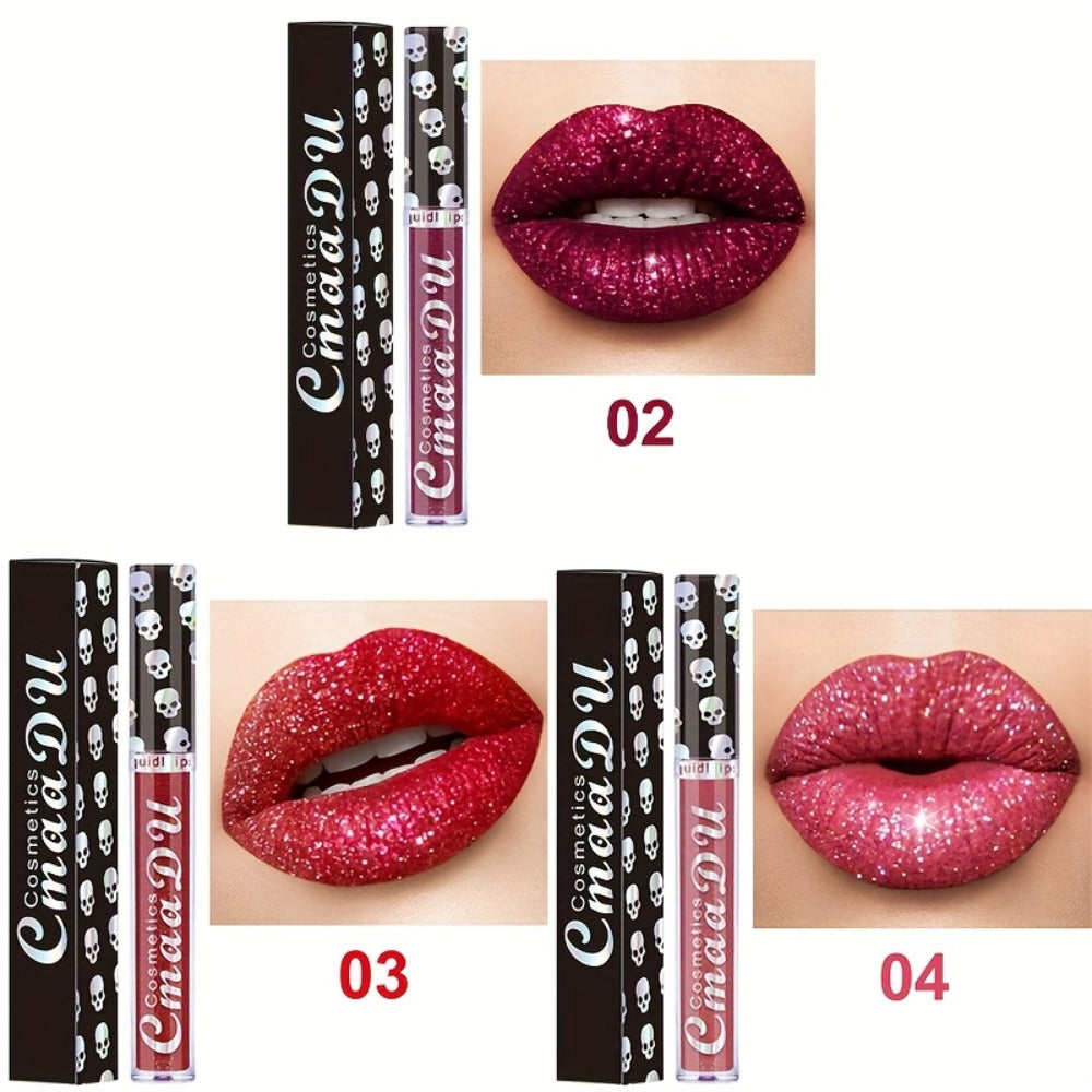 Glitter Lip Gloss Set 3pcs Skull Design Shimmer Liquid Lipstick Long Lasting Easy Remove Bold Shiny Lip Color for Music Festi