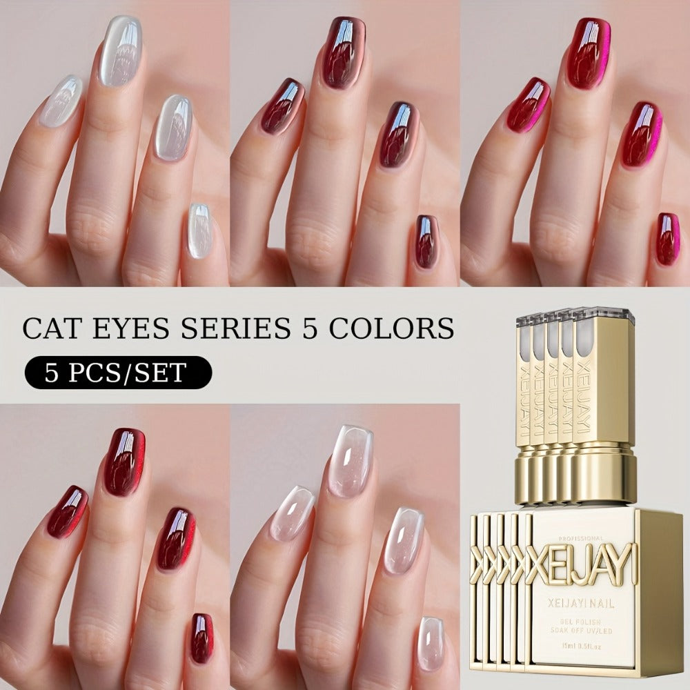 Gel Nail Polish 5-Piece Magnetic Cat-Eye Set with Ruby, Raspberry, Blackberry, White-Moonlight and Clear Shades for UV/LED Cu