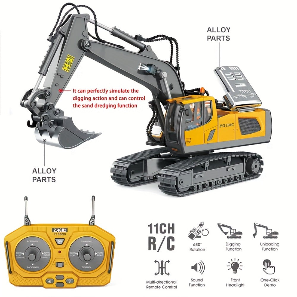 RC Construction Truck Toy 1:24 Scale Alloy Bulldozer Dump Truck & Excavator, 11-Channel Remote Control with Forward — image 1