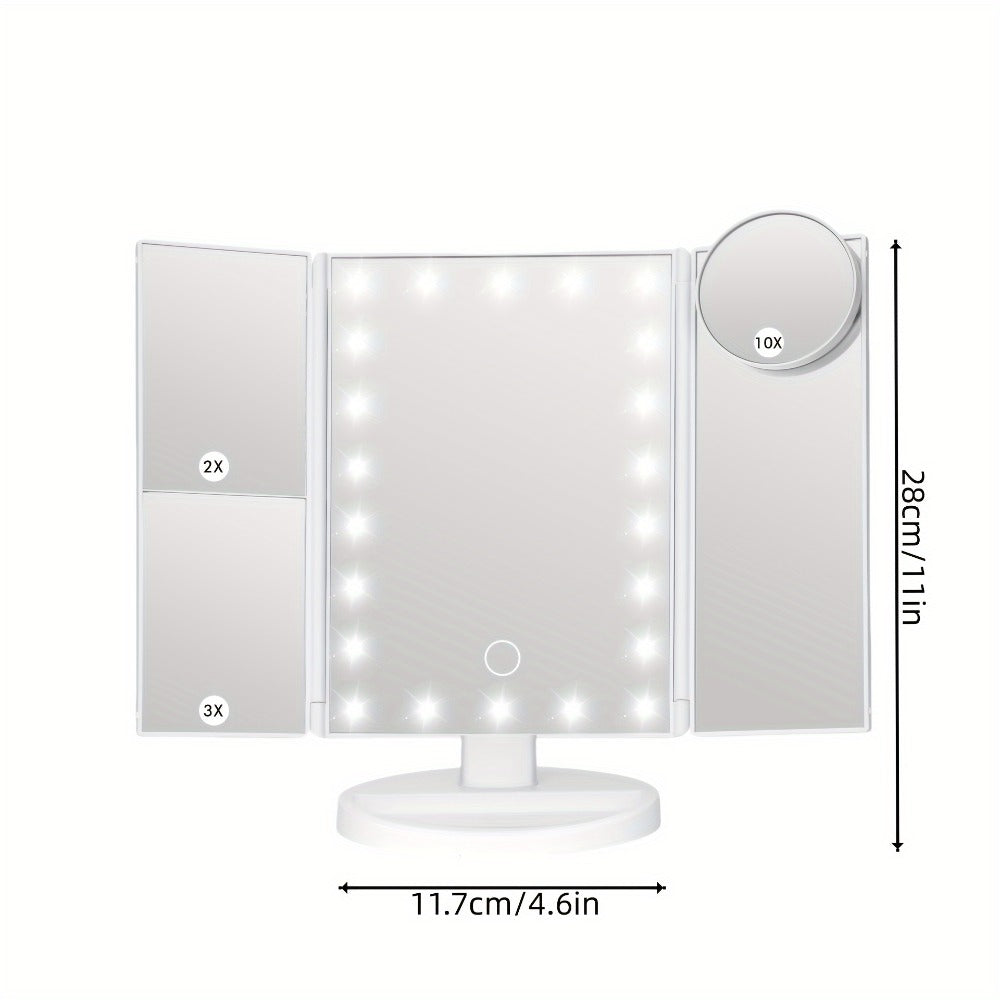 Trifold LED Vanity Mirror with 1X 2X 3X 10X Magnification Touch Screen Adjustable Brightness, for Makeup, Travel and Everyday