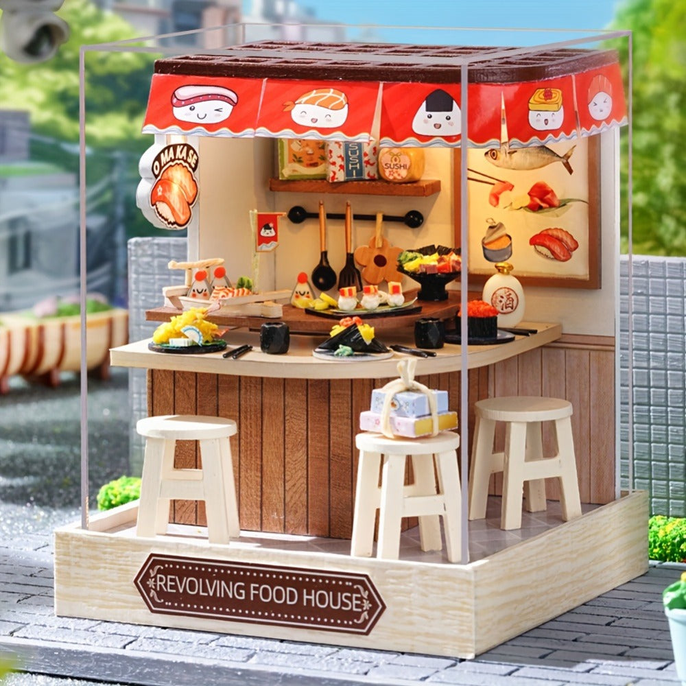 DIY Wooden Tiny House Kit with Dust Cover, Handmade Miniature Dollhouse Puzzle, 3 Themes Afternoon Tea Rotating Food House Mo
