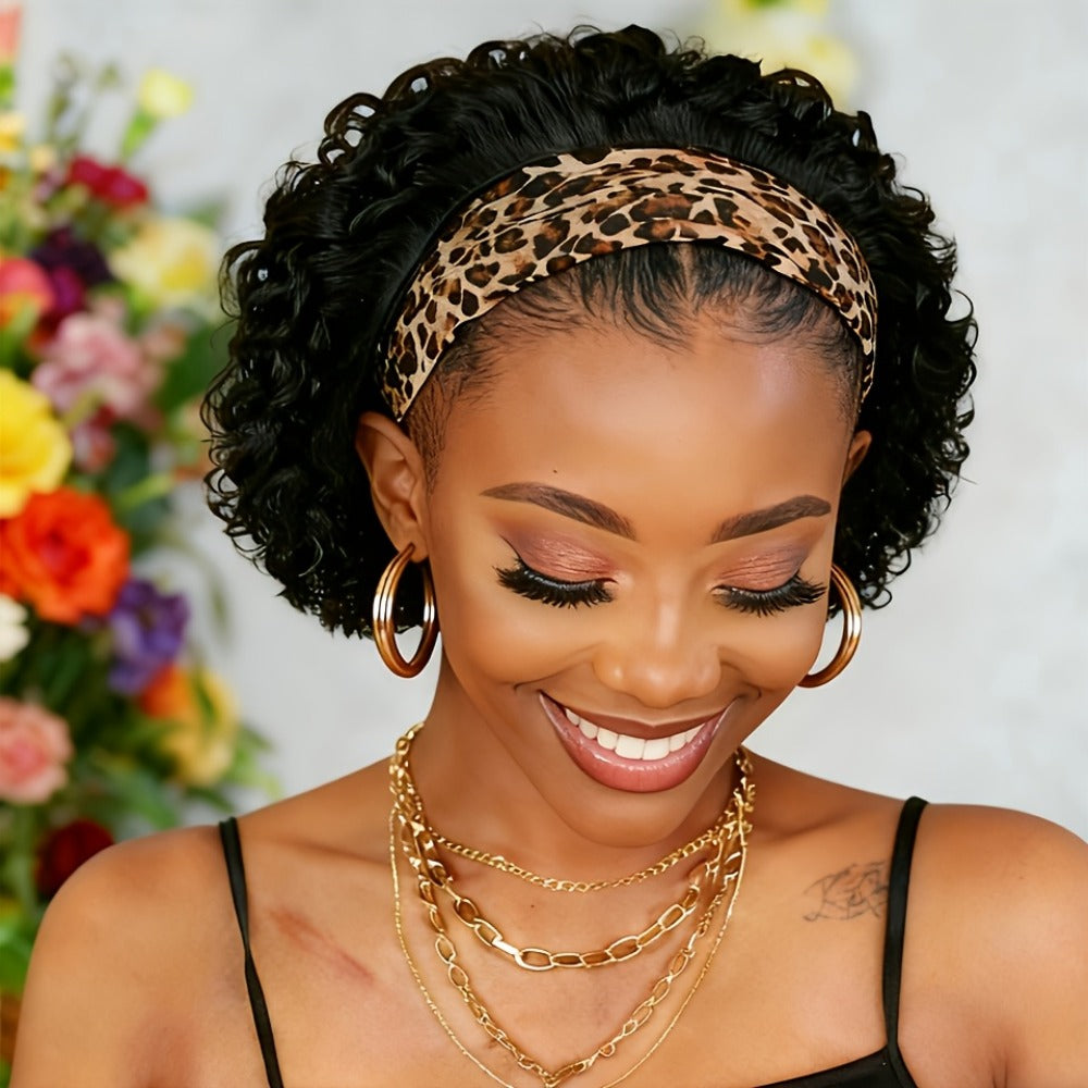 Kinky Curly Headband Wig Human Hair Brazilian 150% Density Glueless 6 Inch | No Glue No Gel Black Burgundy Rust | Beginner Fr