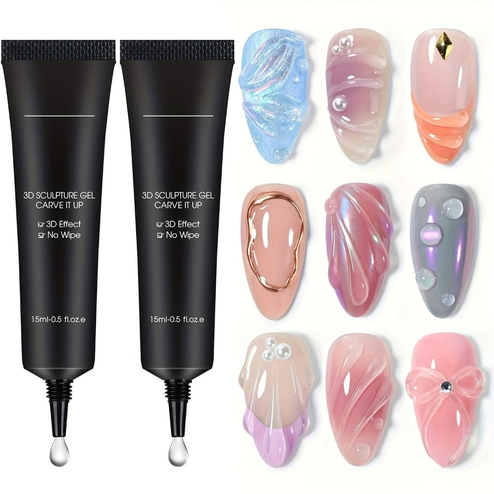 No Wipe Clear 3D Nail Sculpting Gel 2pcs 0.51oz DIY Carving Gel for Raised 3D Designs Flowers Swirls Painting Decoration UV L