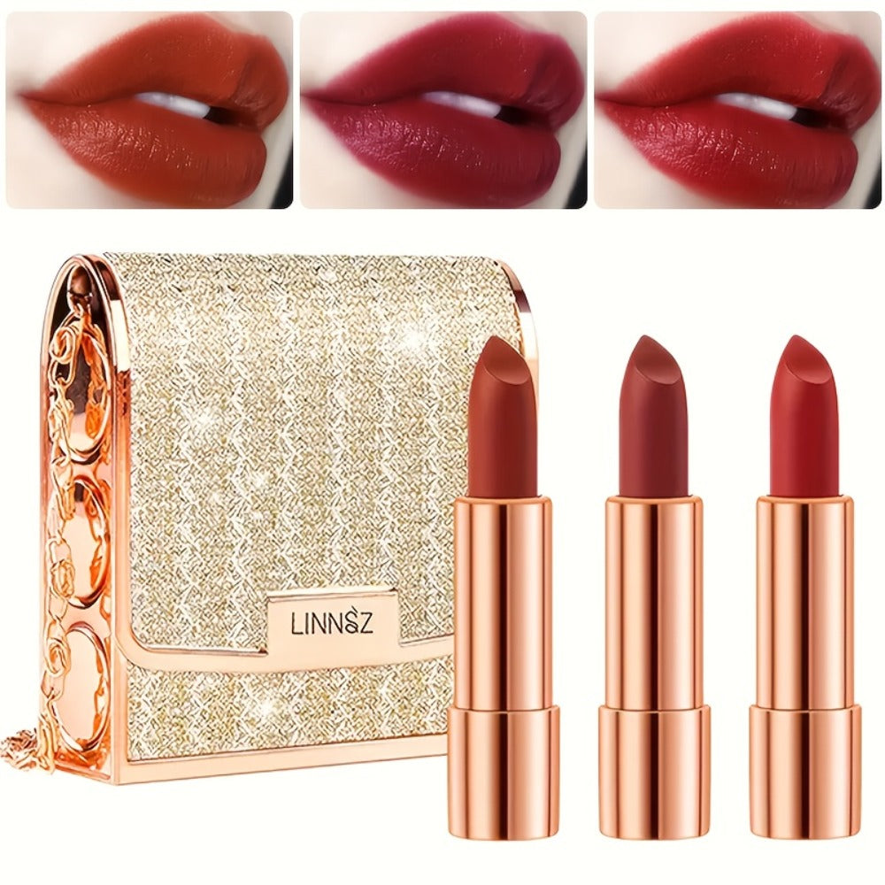 Matte Lipstick Gift Set 3 Pack Velvet Waterproof Long-Lasting Anti-Fading Intense Pigment Full Coverage Lip Color with Elegan