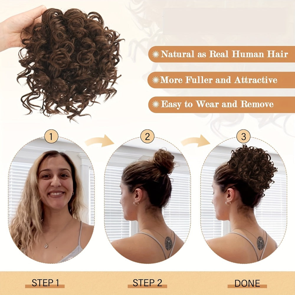 Hair Extensions Curly 10-Inch Synthetic Drawstring Bun with Comb Clips, 80g Weight and Two Brown Color Options — image 3