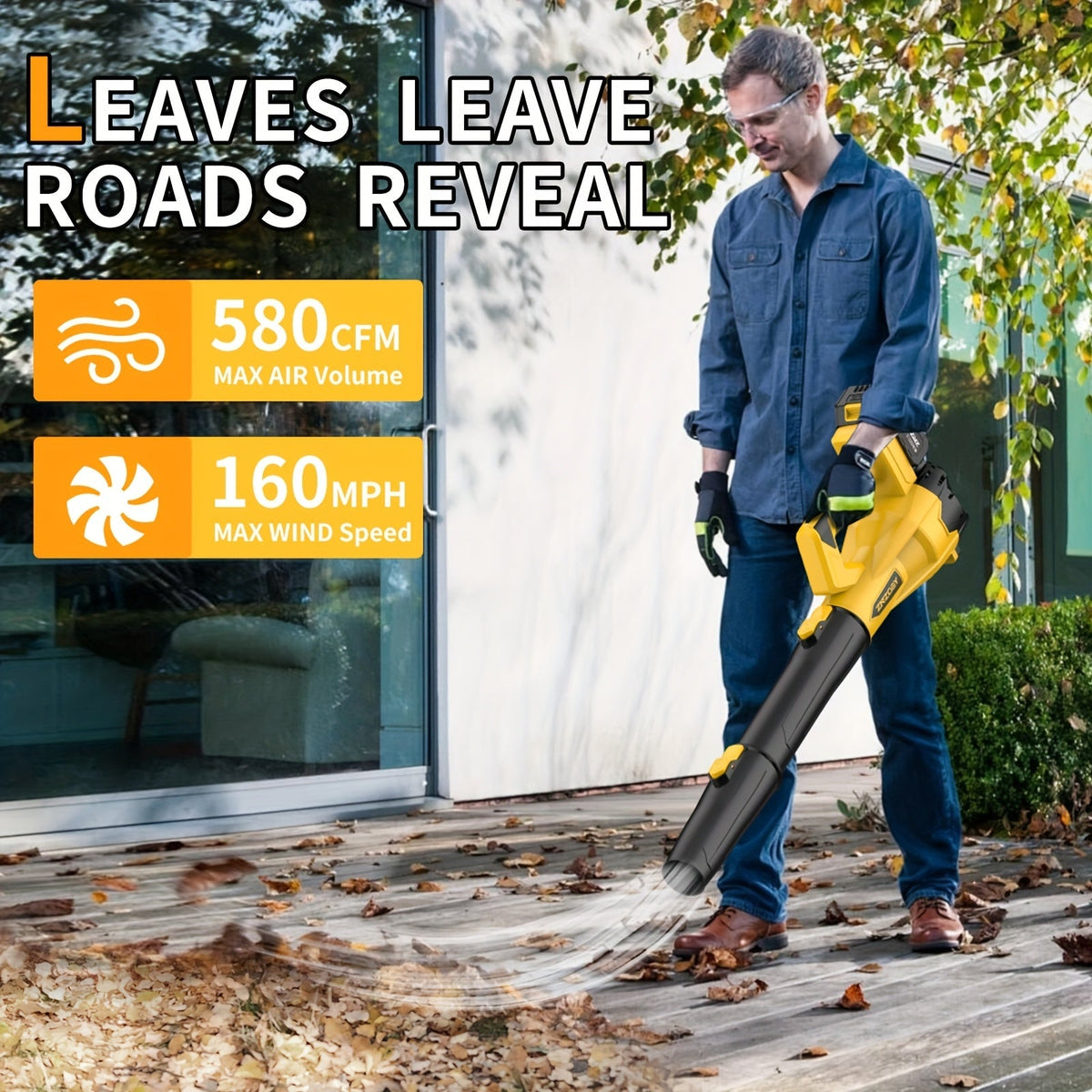 Cordless Leaf Blower 580CFM 160MPH, 40V Brushless Motor, 4.0Ah Battery, 6-Speed, Extension Nozzle — image 4