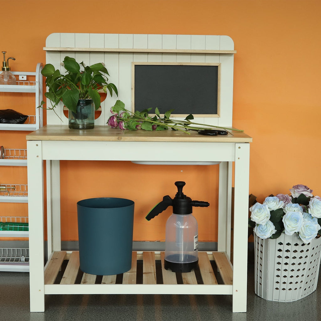 Potting Bench with Blackboard Removable Sink Hooks Double Shelf for Garden — image 3