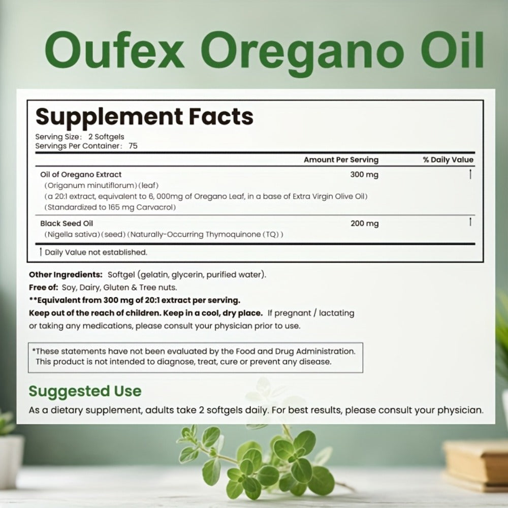 Dietary Supplement Oregano Oil and Black Seed Oil Softgels with Carvacrol and Thymoquinone, 150 Count — image 2