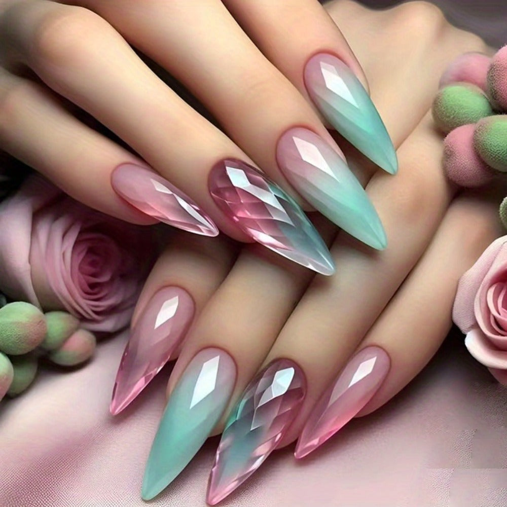 Glue On Nails, 120-Piece Medium Almond Set with Gradient Holographic Finish, Jelly Glue and Nail File — image 16