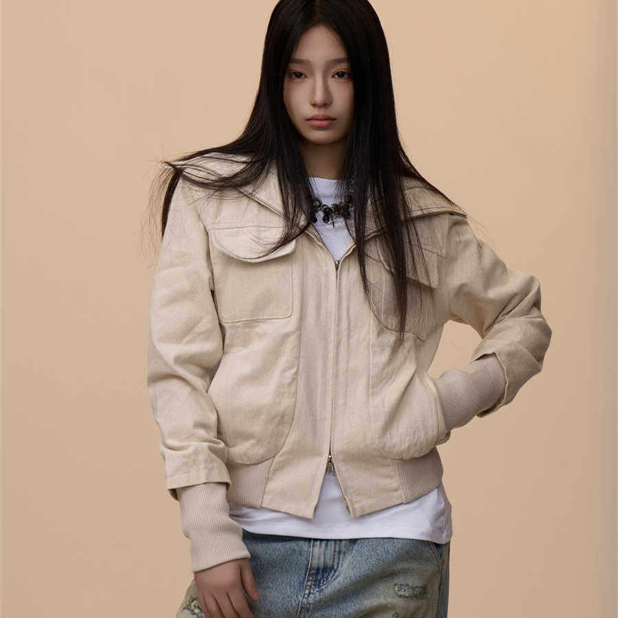 Antique Beige Lapel Design Jacket For Women Baggy Coat
