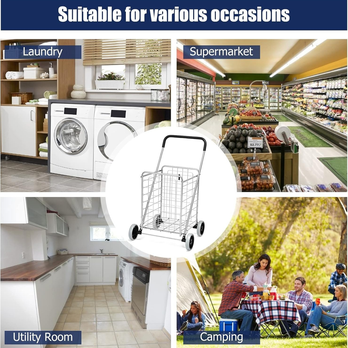 Rolling Shopping Cart Metal Basket, Foldable Grocery Utility Cart with Foam Handle Large Wheels 22 Gal for Supermarket Laundr