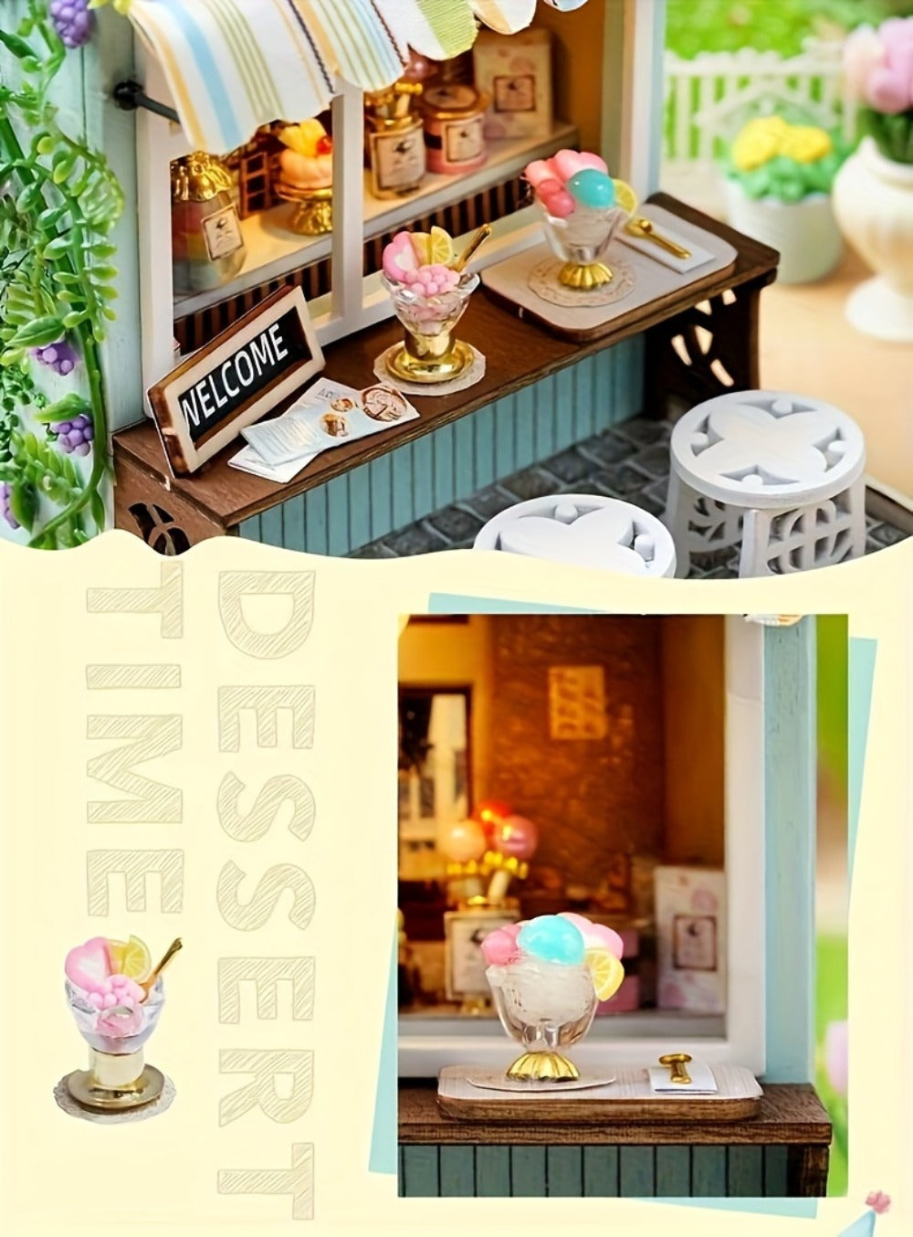 DIY Wooden Tiny House Kit with Dust Cover, Handmade Miniature Dollhouse Puzzle, 3 Themes Afternoon Tea Rotating Food House Mo