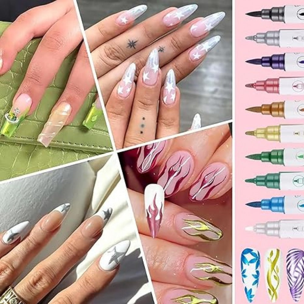 Nail Art Pens Set 10 Metallic Colors with 12pcs Nail Stickers – Dual-Headed 3D Acrylic Polish Markers for Doodle Dot Line Sti