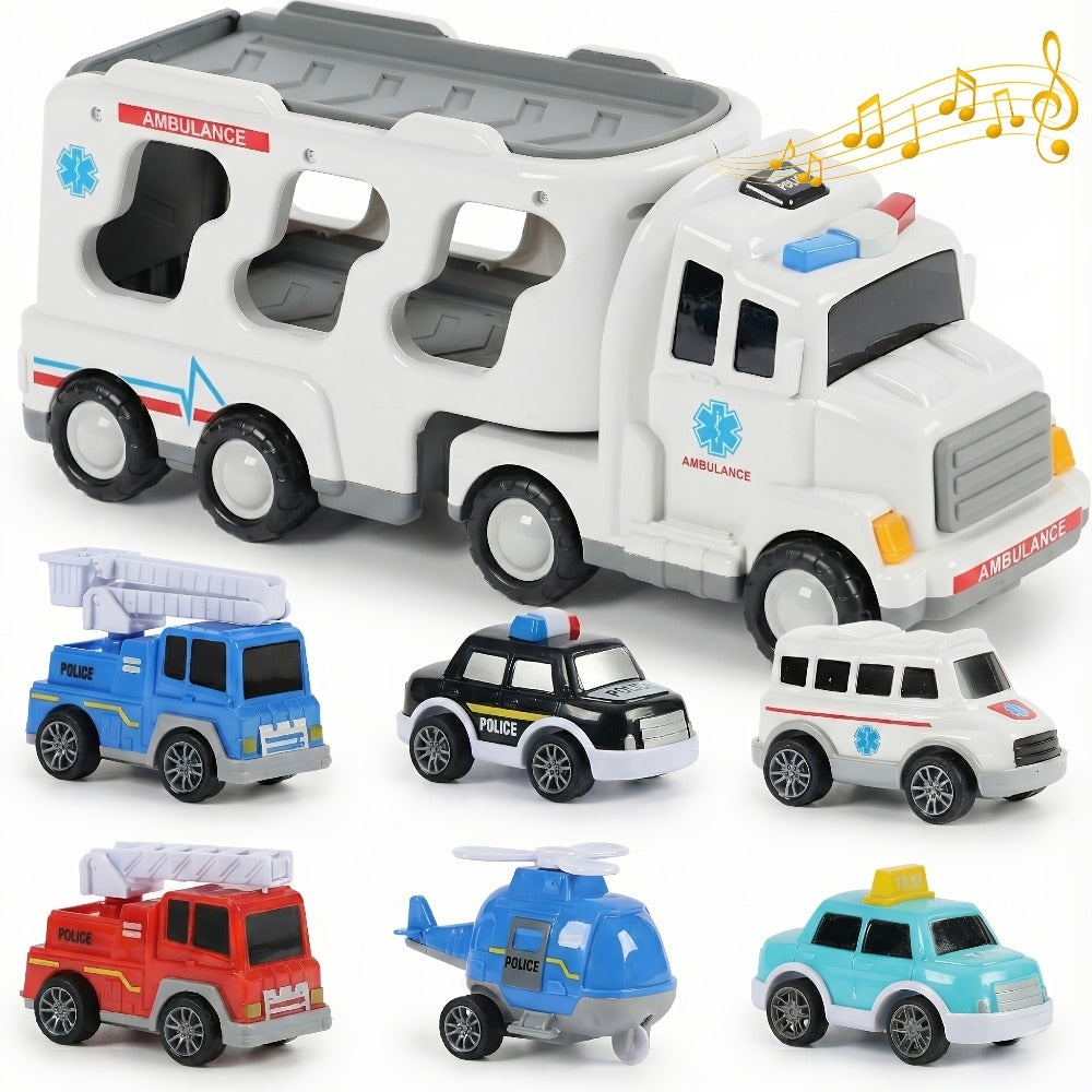 7-in-1 Kids Car Toy Set 7pcs with Playmat, Large Vehicle + 6 Mini Cars Ambulance Police Fire Truck Engineering — image 3