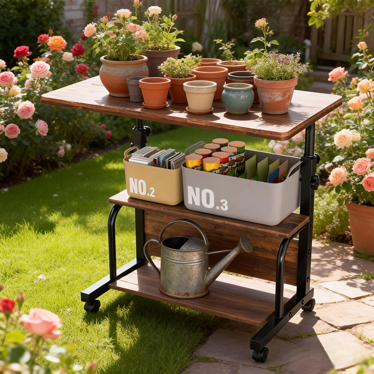 Garden Work Table 31.5" Adjustable Height Mobile Desk with Storage Shelves, Metal Frame, for Patio Outdoor Bedroom Office Pot