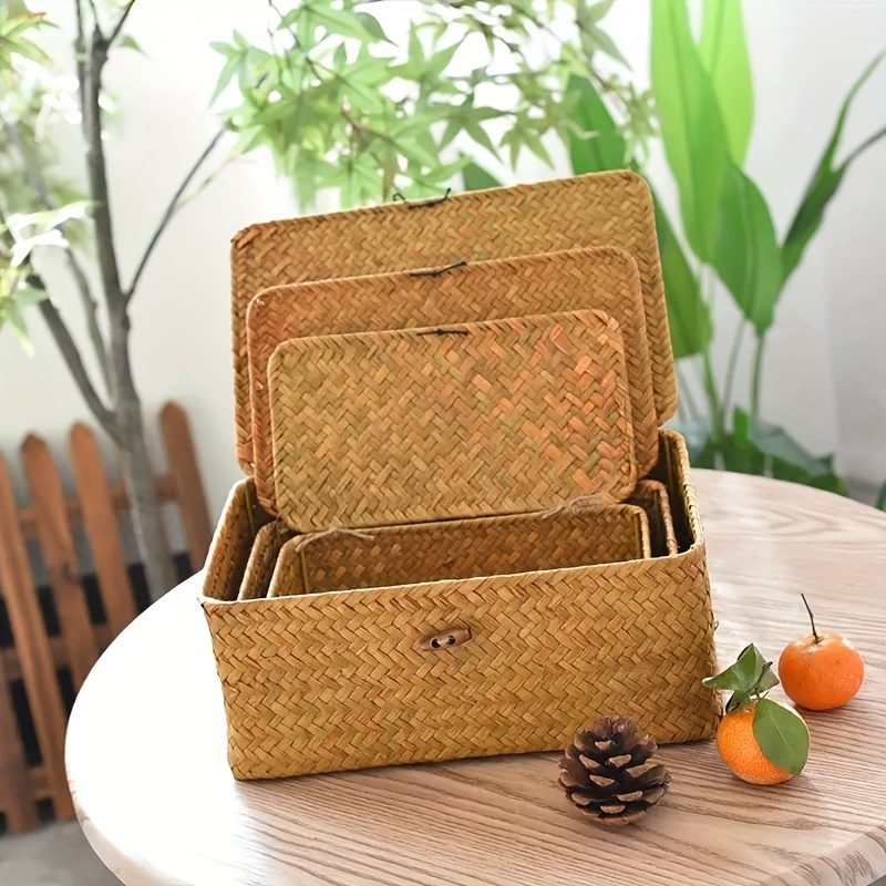 Rattan Storage Baskets Set of 3 with Lattice Lids and Label Holders in Graduated Sizes for Home Organization — image 6