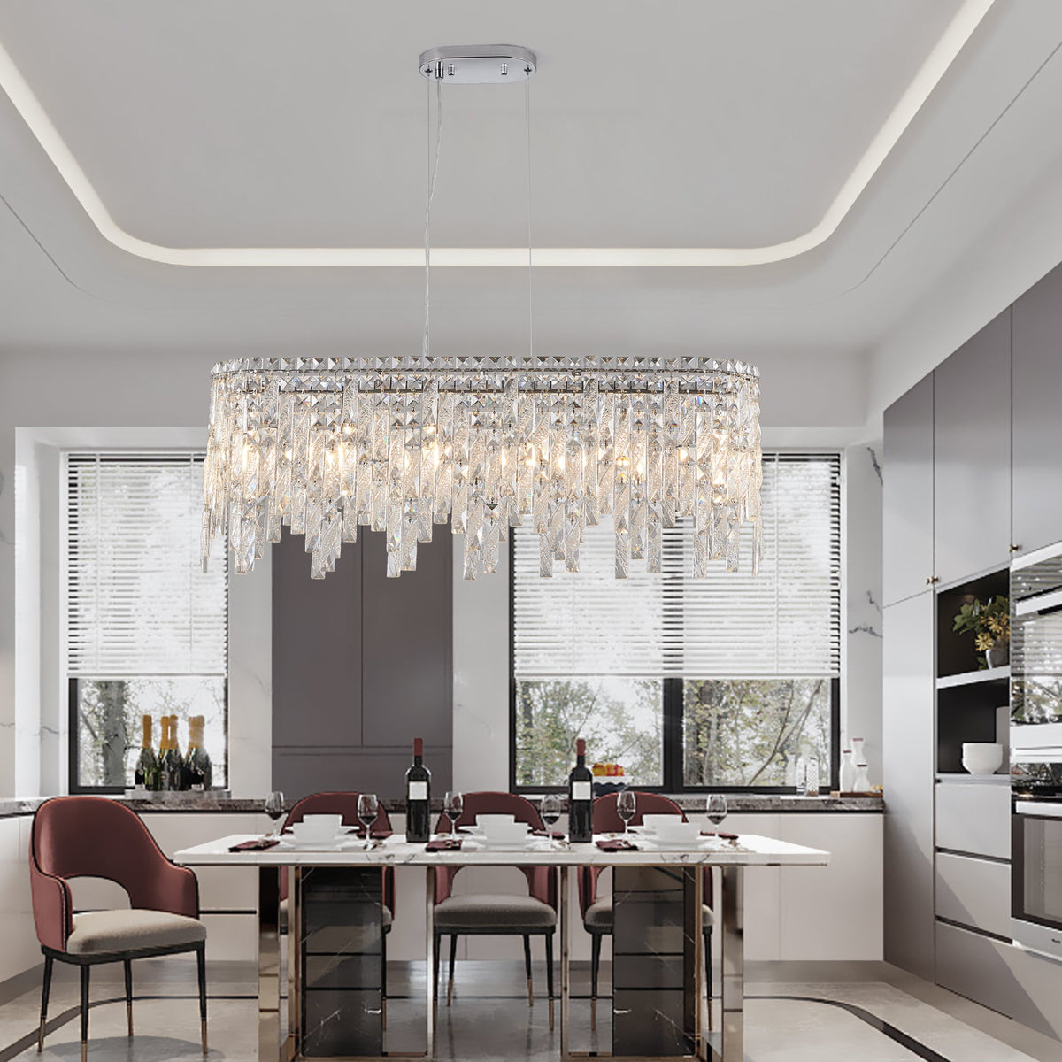 Silver elegant oval crystal pendant light, modern ceiling fixture with reflective suspended crystal (bulb not included) - V.I.P Digital Presence