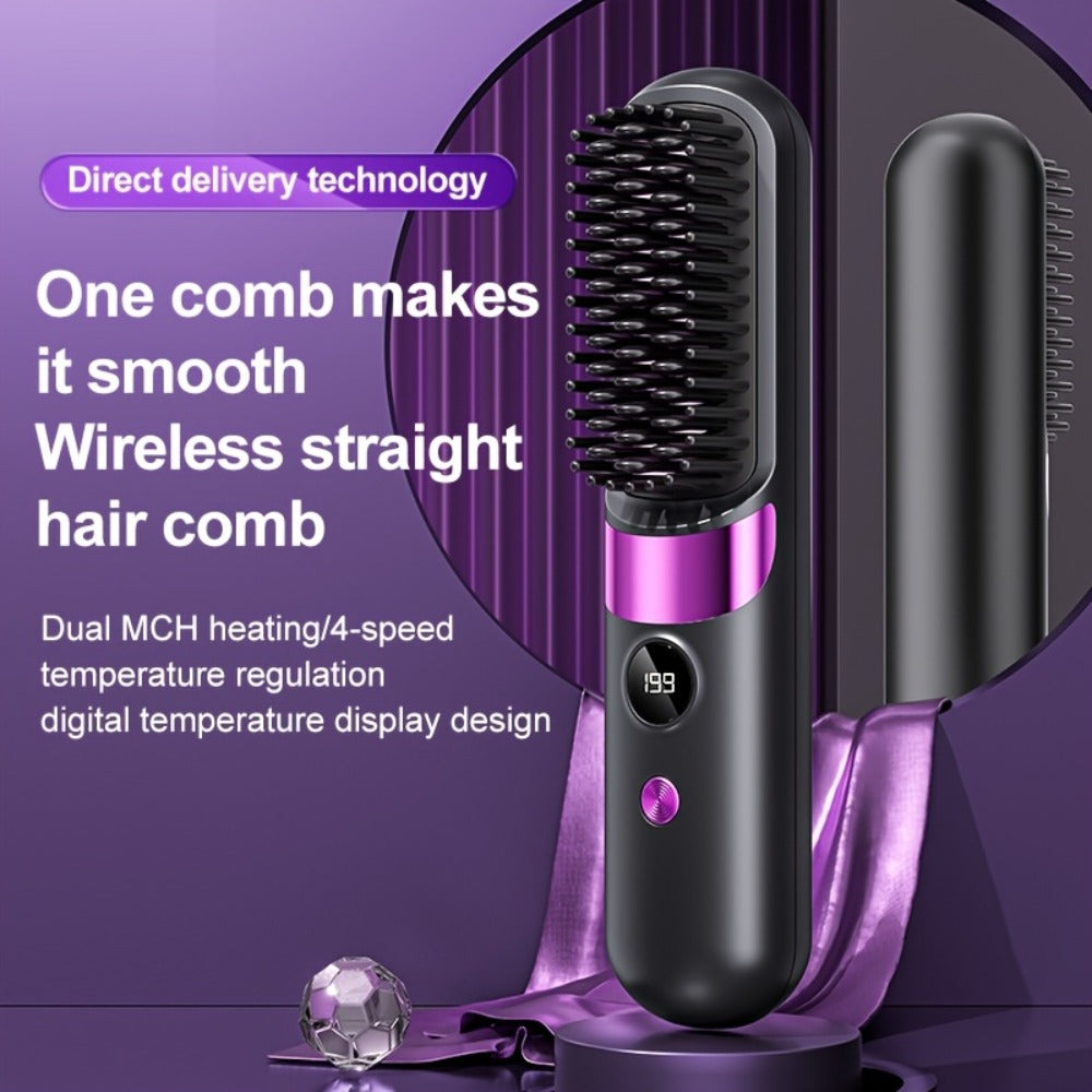 Cordless Hair Straightening Brush USB Rechargeable Portable Heated Straightener Comb Mini, for Home, Travel and Salon Hair St