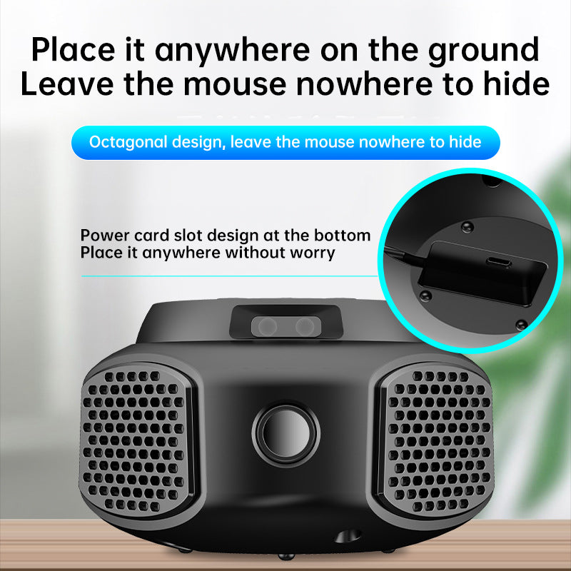 4-in-1 ultrasonic rodent repellent, 360° electronic rat repellent, repels indoor flies, cockroaches & mosquitoes.
