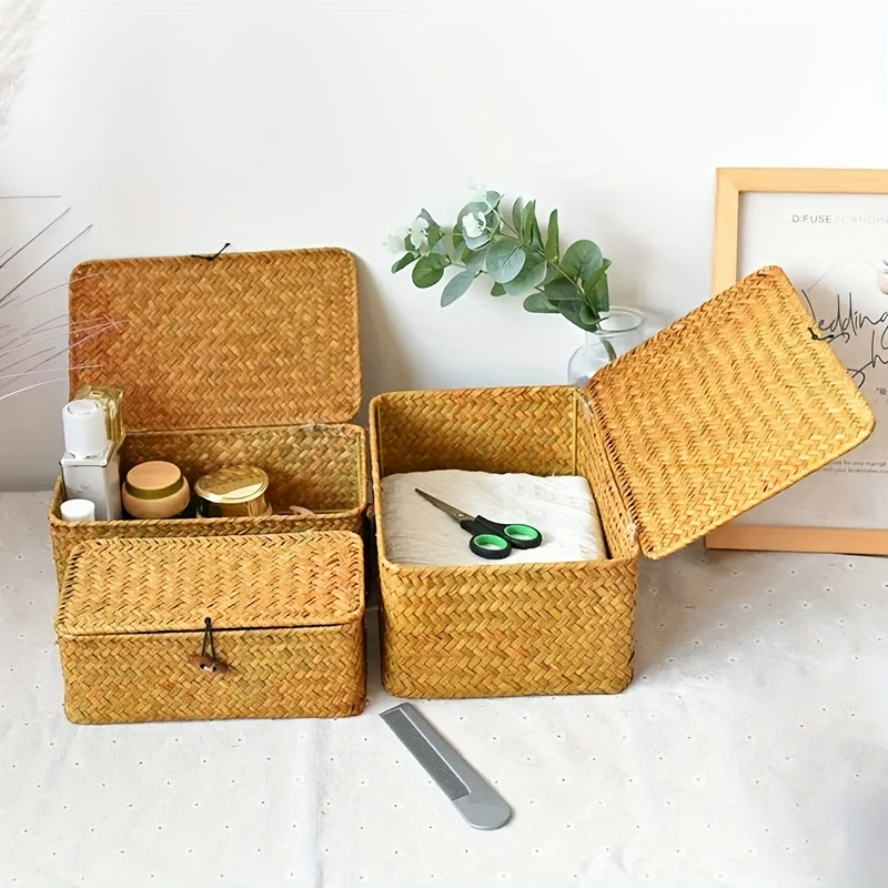 Rattan Storage Baskets Set of 3 with Lattice Lids and Label Holders in Graduated Sizes for Home Organization — image 7