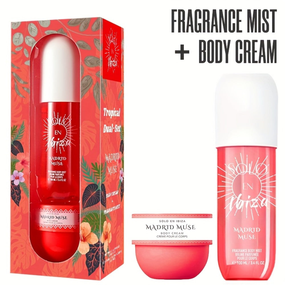 Body Hair Fragrance Mist Gift Set 2-Piece SOLO EN IBIZA Perfume Mist Body Cream Vanilla Fruit for Bath Time, Home Spa and Per