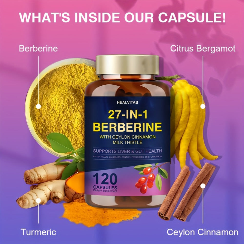 Herbal Supplements with HEALVITAS Label, 27-in-1 Berberine Formula Capsules, 120 or 360 Count — image 5