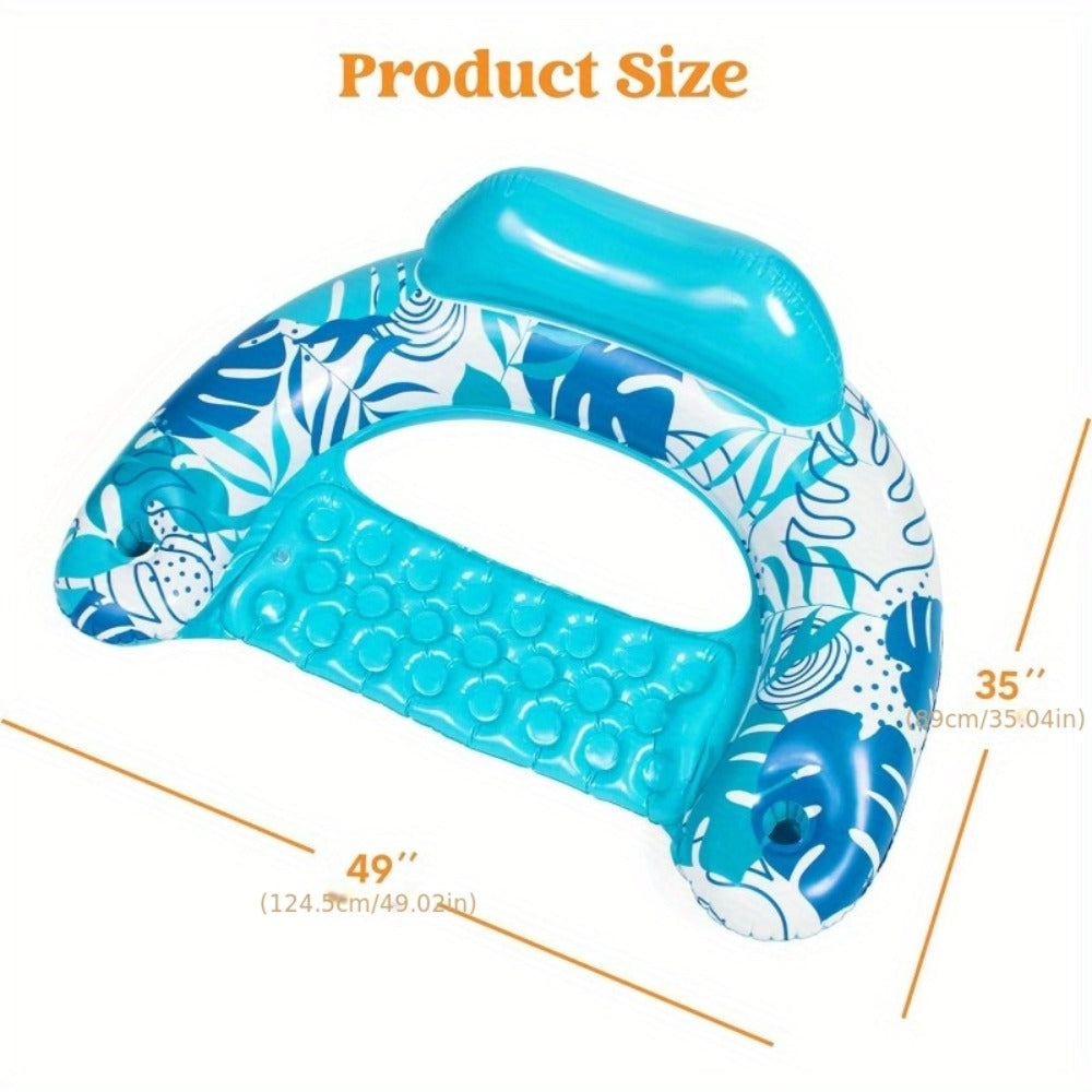Leaf Print Inflatable Pool Chair Pair with Cup Holders, Blue and Pink 49 x 35 Inch Seats for Adult Lounging — image 3