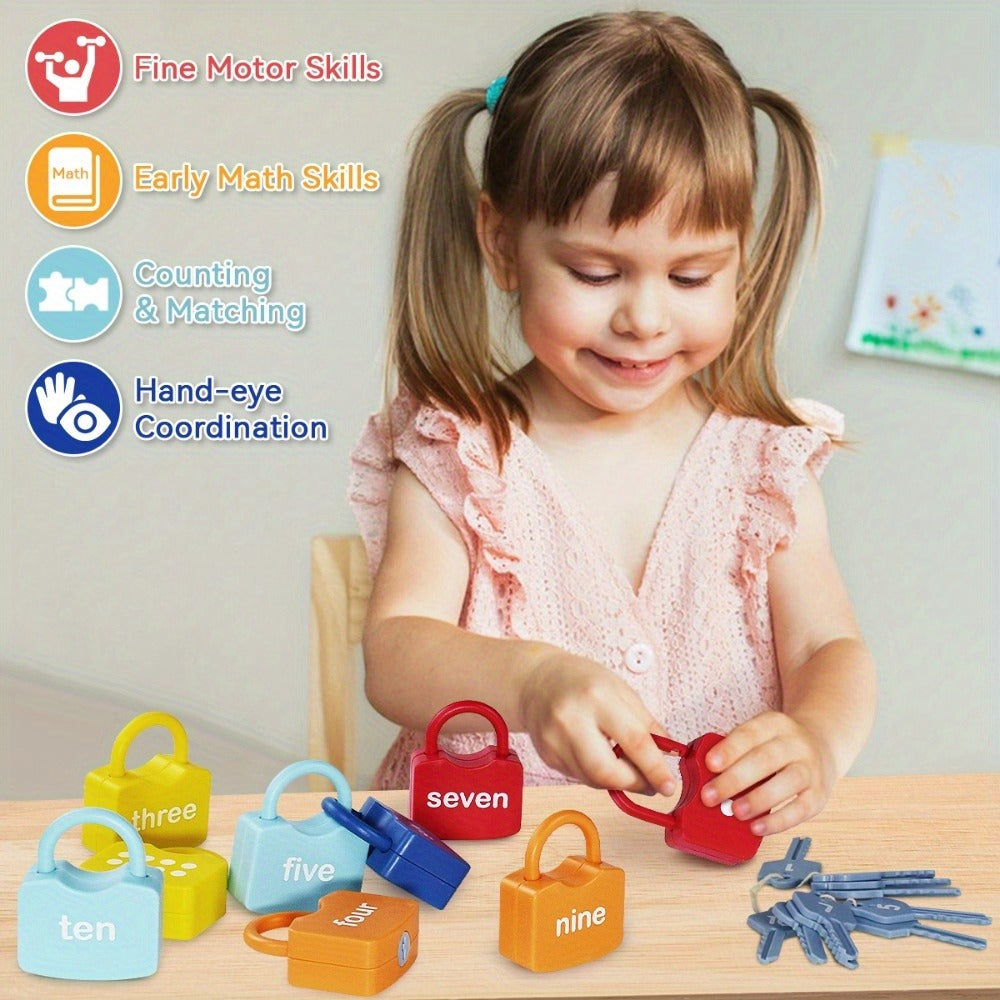 Preschool Math Lock and Key Counting Toy 10 Sets – Number Recognition Manipulative for Kids Ages 3-5, Color-Coded Kindergarte