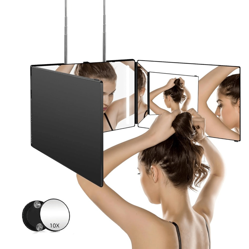 3 Way Mirror for Self Hair Cutting, 360° View Hair Cut Mirror to See Back of Head Height-Adjustable Hook Door Wall Table Moun