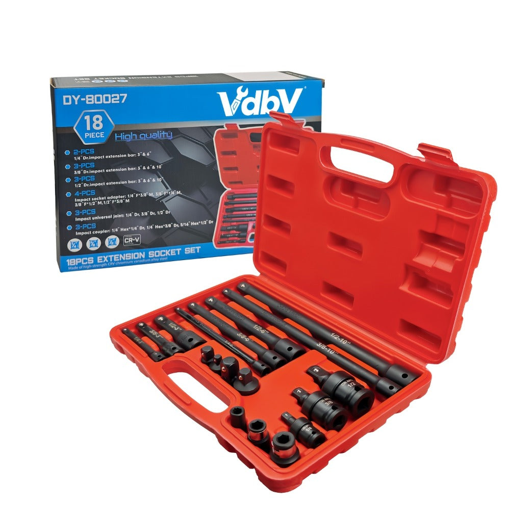 Socket Drive Accessory Kit 18-Piece – Socket Adapters, Extension Bars, Universal Joints & Impact Couplers Chrome-Moly Steel P