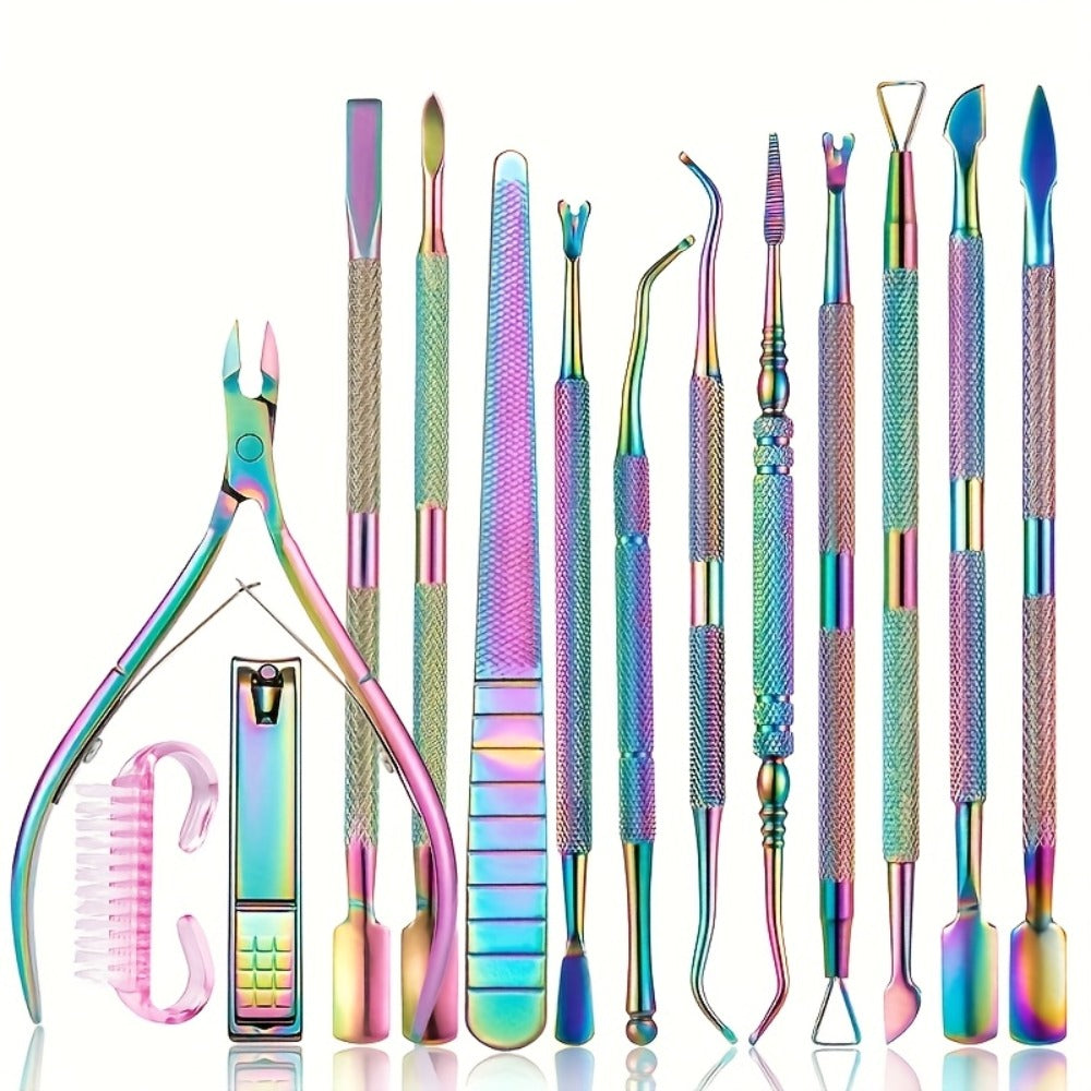 Nail Tech Kit 15pcs Professional Stainless Steel – Cuticle Nipper & Pusher Nail File Gel Polish Remover Complete Manicure Ped