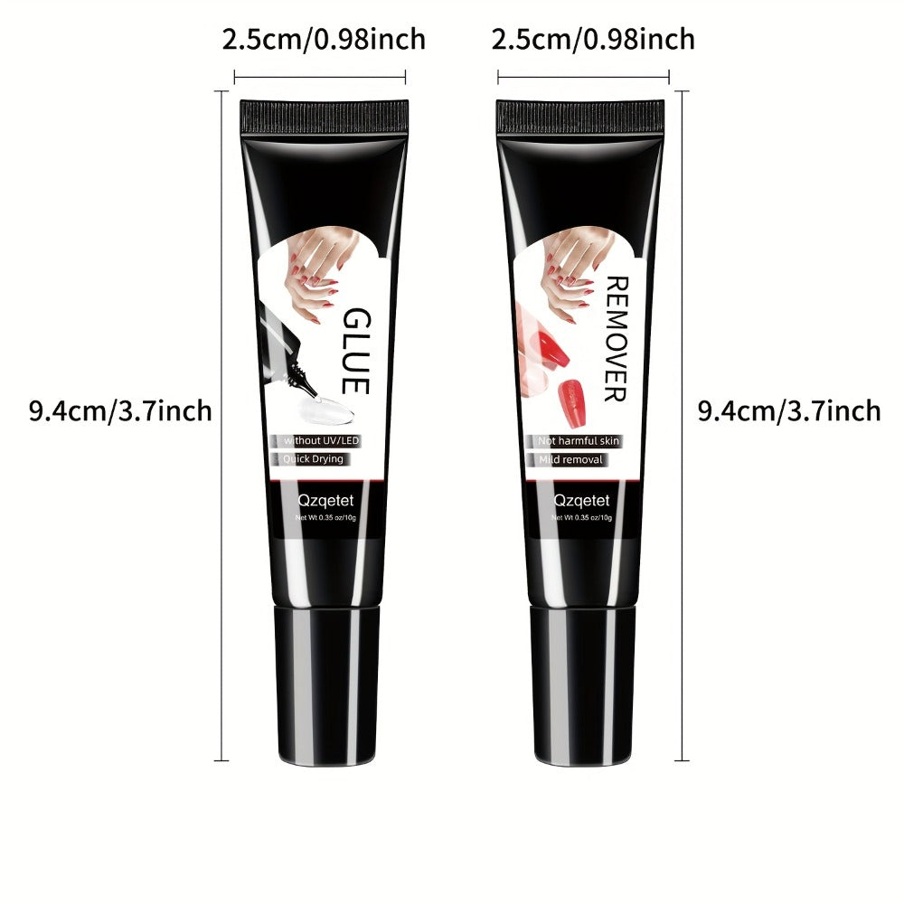 Press-On Nail Glue & Remover Kit 4pcs – 2x Semi-Solid Gel Nail Glue 10g + 2x Nail Polish Remover 10ml, Quick-Drying No-Lamp S